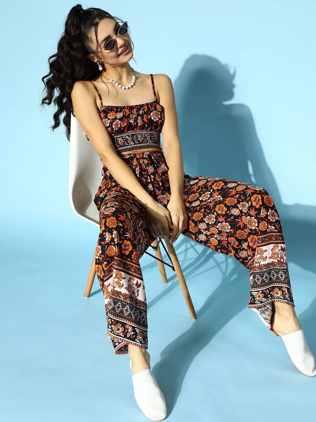 Berrylush Women Stylish Black Printed Top with Trousers