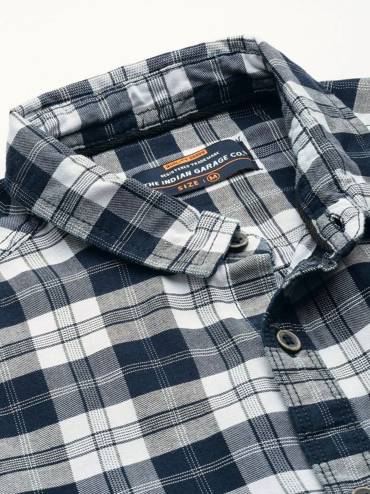The Indian Garage Co Men Navy Blue & Off-White Checked Cotton Casual Shirt