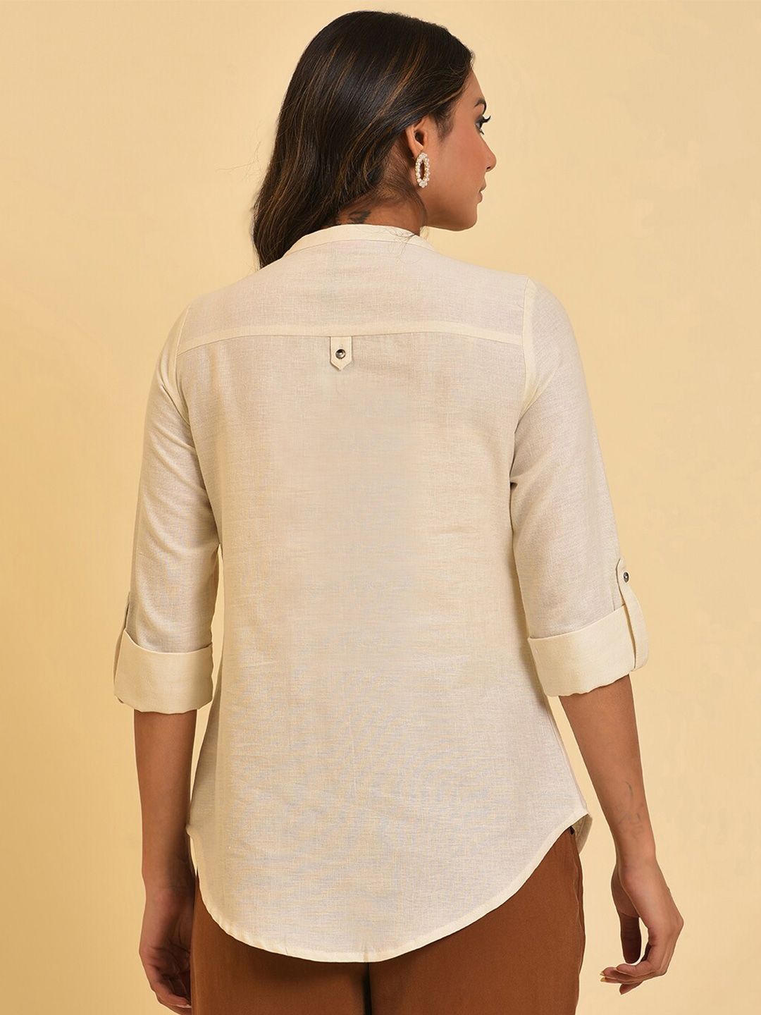 W Mandarin Collar Roll-Up Sleeves Cotton Shirt Style Top