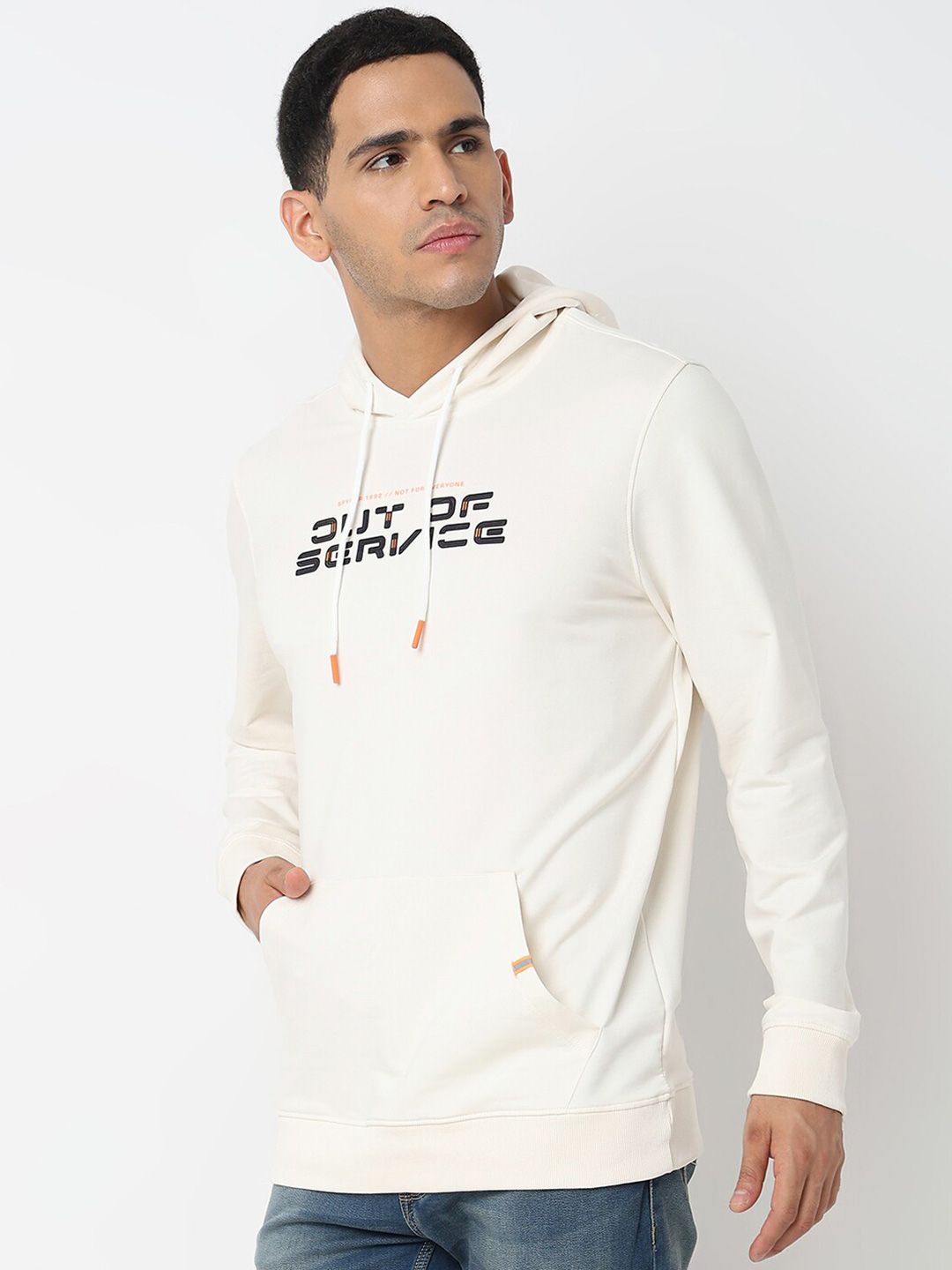 SPYKAR Typography Printed Hooded Neck Long Sleeves Cotton Pullover Sweatshirt