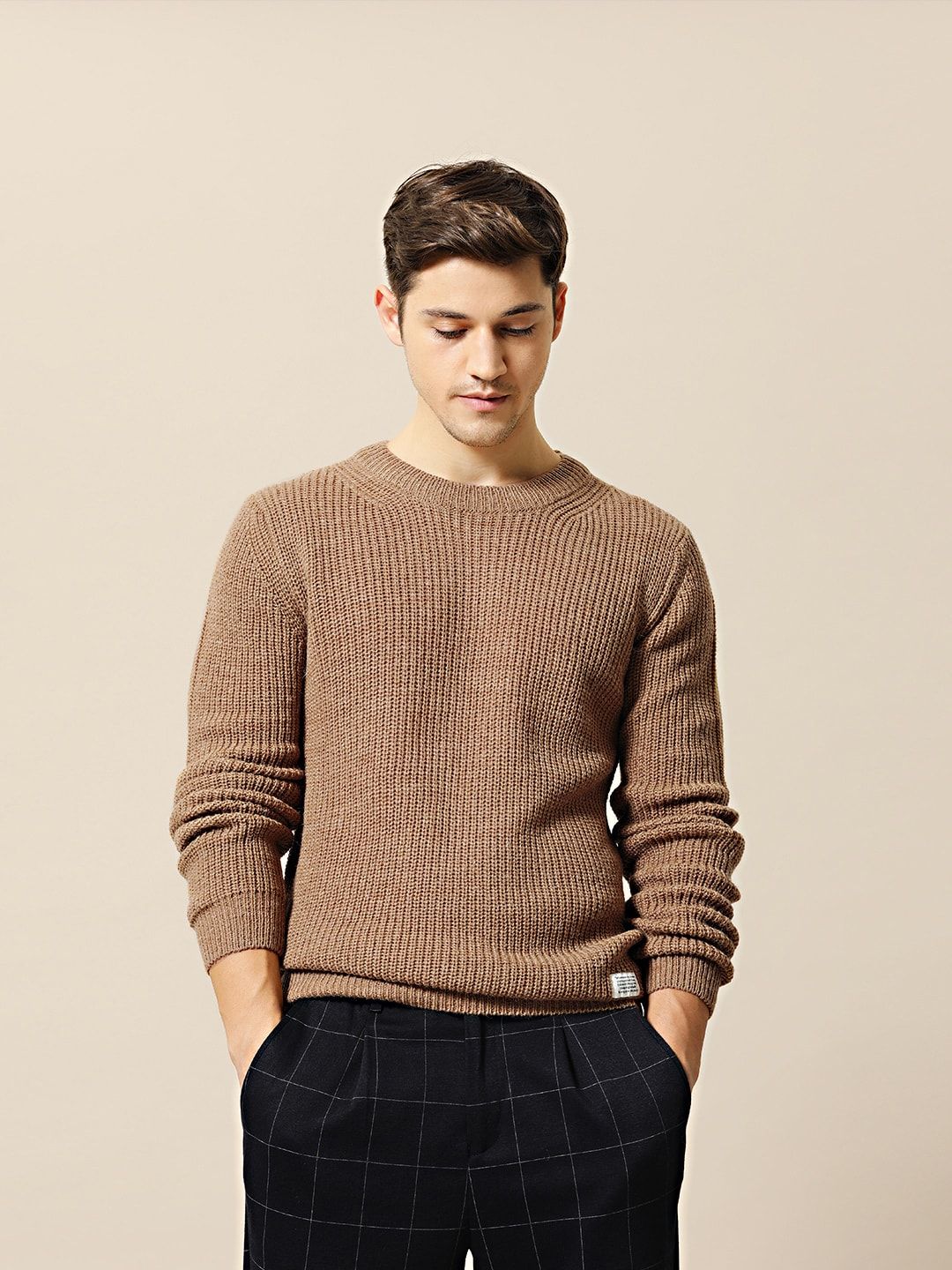 Mr Bowerbird Men Beige Tailored Fit Solid Pullover