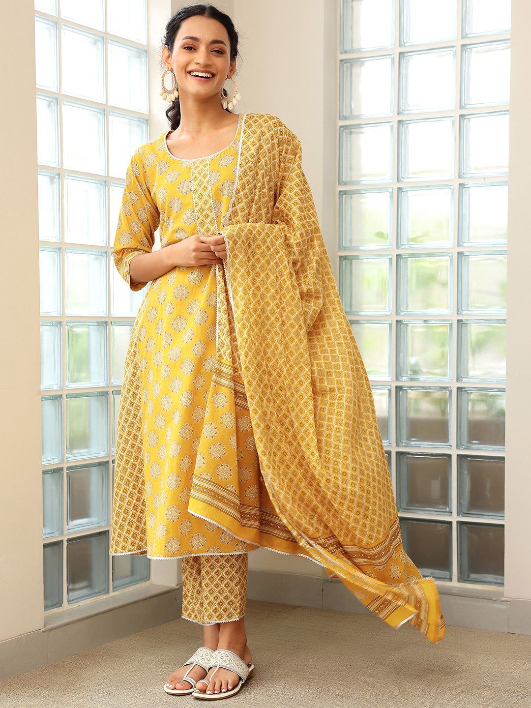 Libas Ethnic Motifs Printed A-Line Pure Cotton Kurta with Trousers & Dupatta