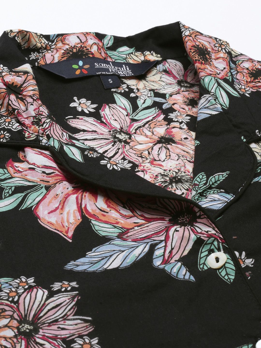 SANSKRUTIHOMES Women Black Pure Cotton Floral Print Pyjama Set