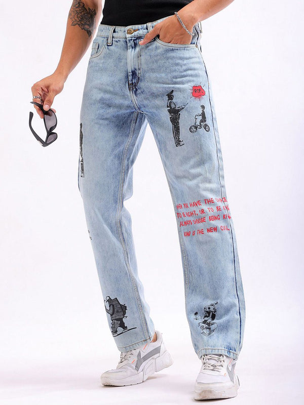 The Indian Garage Co Men Straight Fit Printed Clean Look Heavy Fade Pure Cotton Jeans