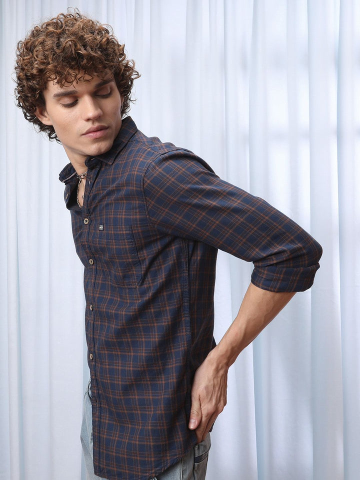 The Indian Garage Co Men Navy Blue & Brown Checked Casual Shirt