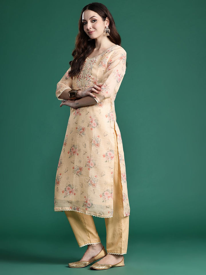 Indo Era Floral Embroidered Sequinned Linen Kurta with Trousers & With Dupatta