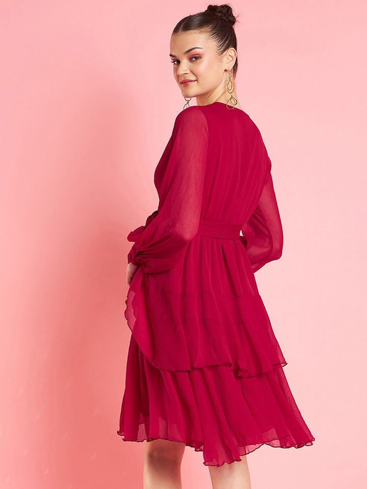 Antheaa Embellished Bell Sleeve Layered Chiffon Fit & Flare Party Dress