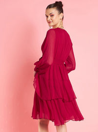 Antheaa Embellished Bell Sleeve Layered Chiffon Fit & Flare Party Dress