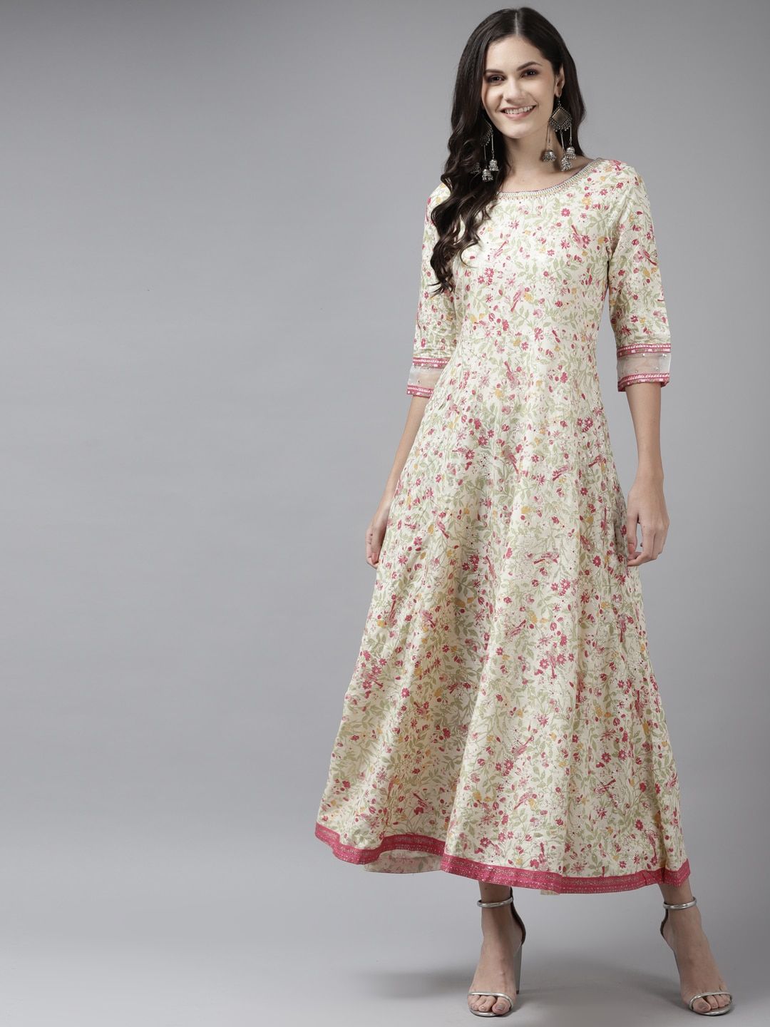 W Beige & Pink Ethnic Motifs Ethnic A-Line Maxi Dress