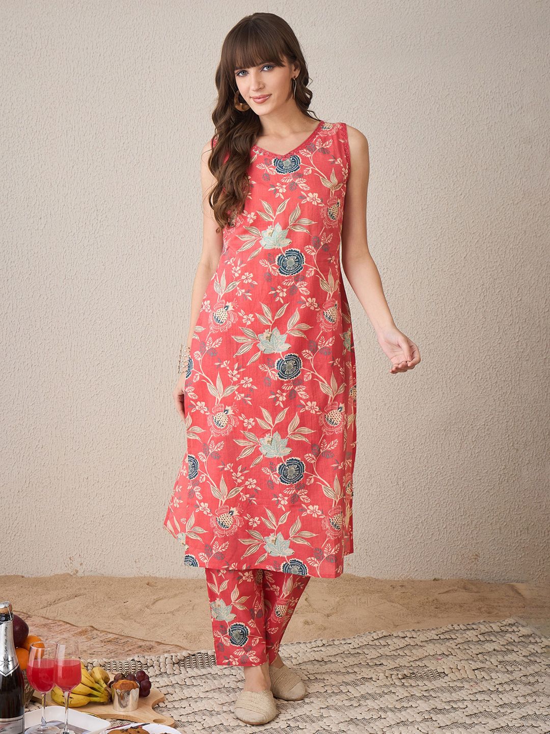 Indo Era Floral Printed V-Neck Pure Cotton Straight Kurta With Trousers