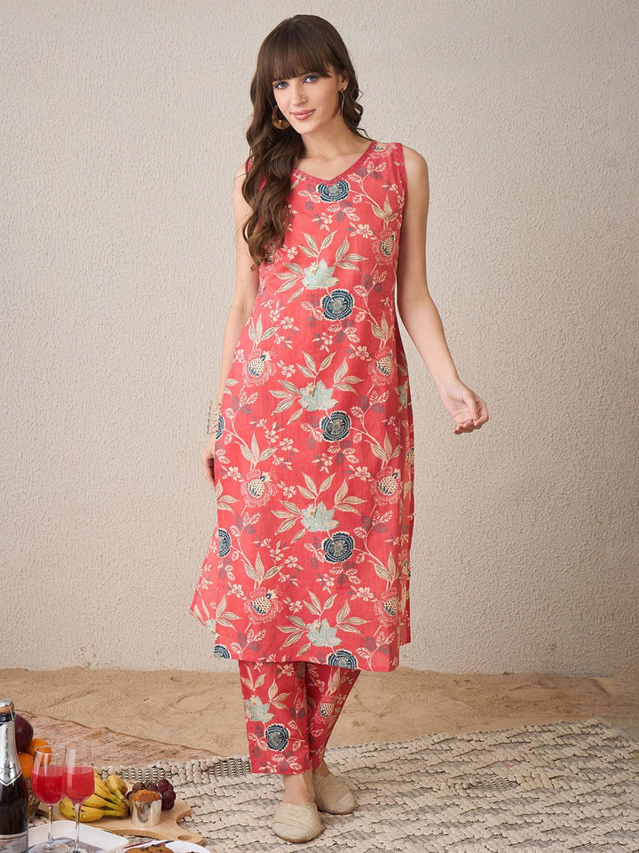 Indo Era Floral Printed V-Neck Pure Cotton Straight Kurta With Trousers