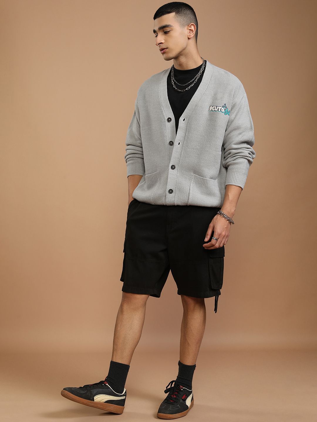 HIGHLANDER Men Embroidered Ribbed Cardigan with Embellished Detail