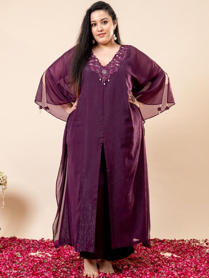 Set Kaftan & Seluar Co-Ords Sulam Mamicha Mehfil V-Neck
