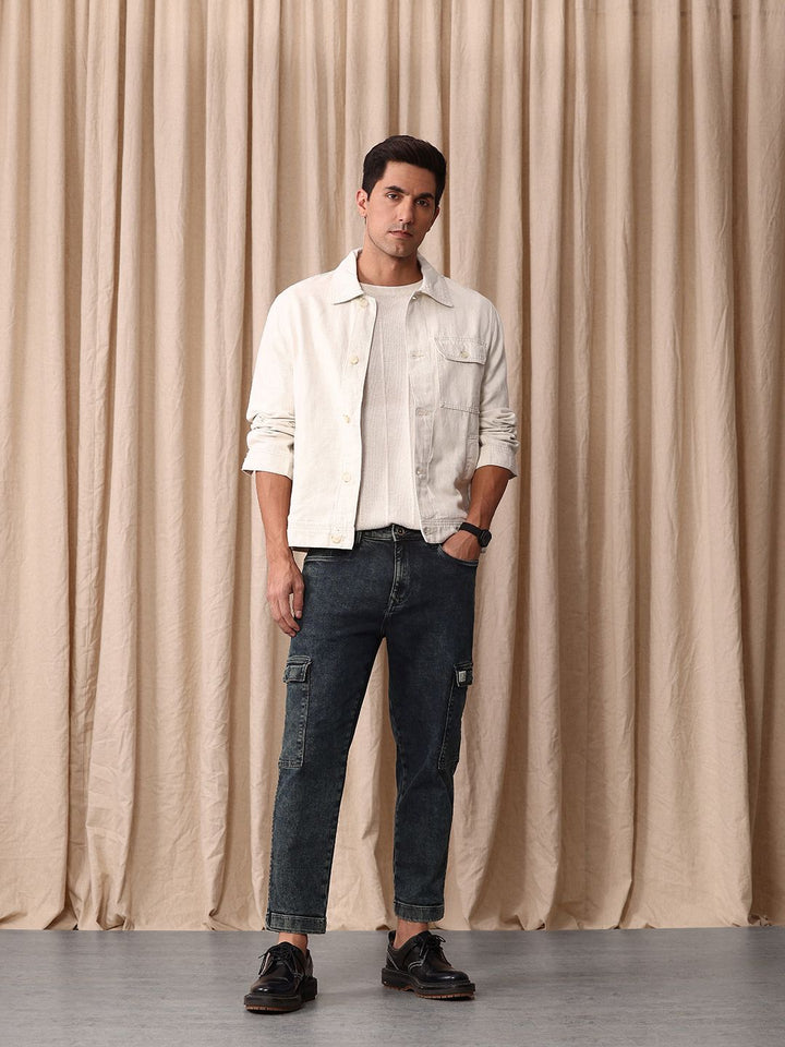 Mr Bowerbird Men Tapered Fit Mid-Rise Light Fade Cropped Stretchable Cargo Styles Jeans
