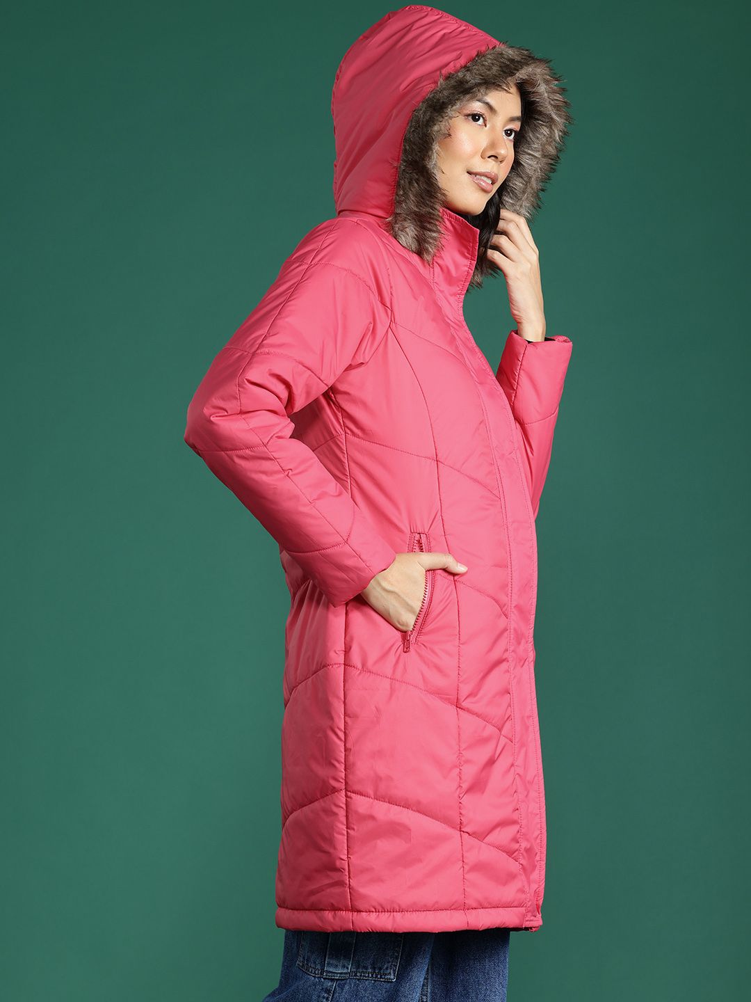 DressBerry Solid Faux Fur Trim Longline Parka Jacket