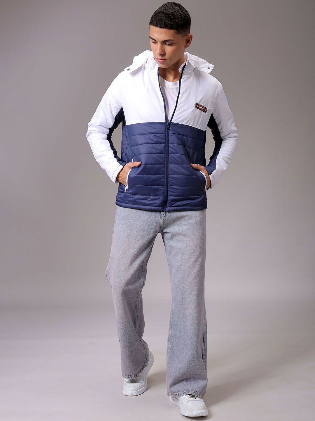 The Indian Garage Co Men Blue Colourblocked Detachable Hood Padded Jacket