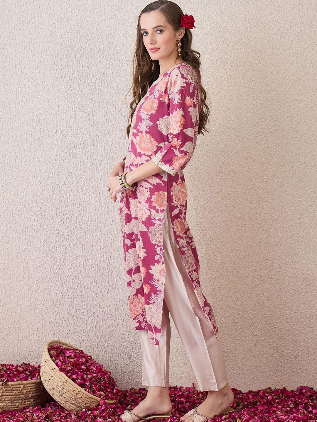 Indo Era Floral Printed Notch Neck Thread Work Cotton Straight Kurta