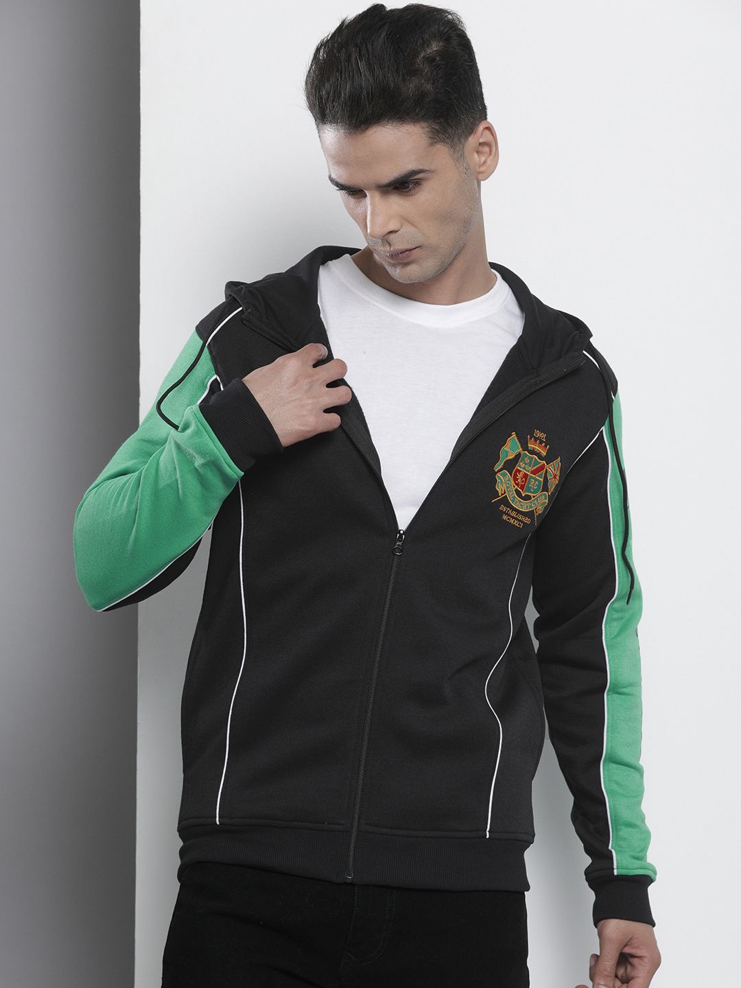 The Indian Garage Co Men Black Embroidered Hooded Sweatshirt