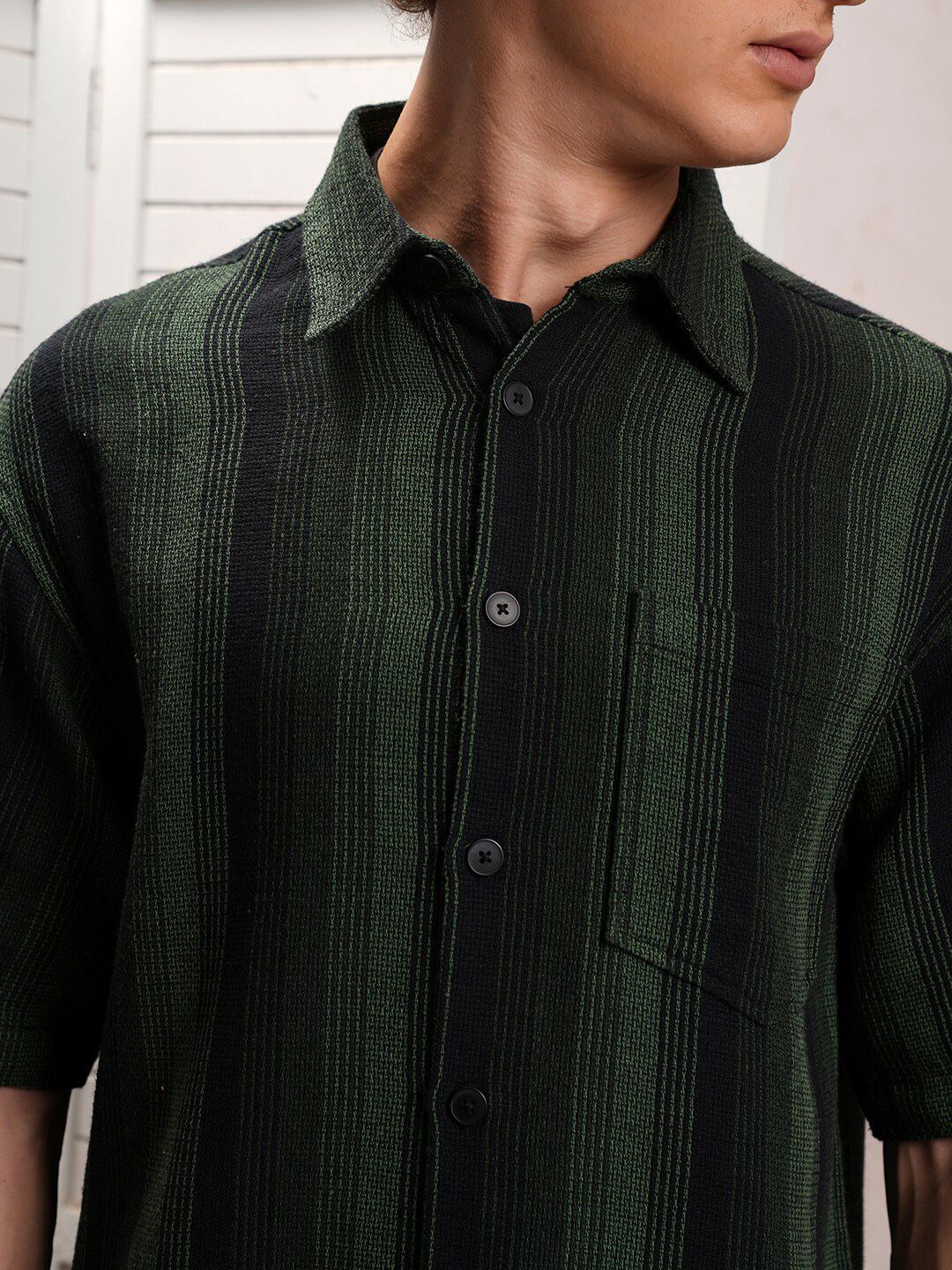 LOCOMOTIVE Premium Fit Striped Dobby Textured Drop-Shoulder Sleeves Oversized Shirt