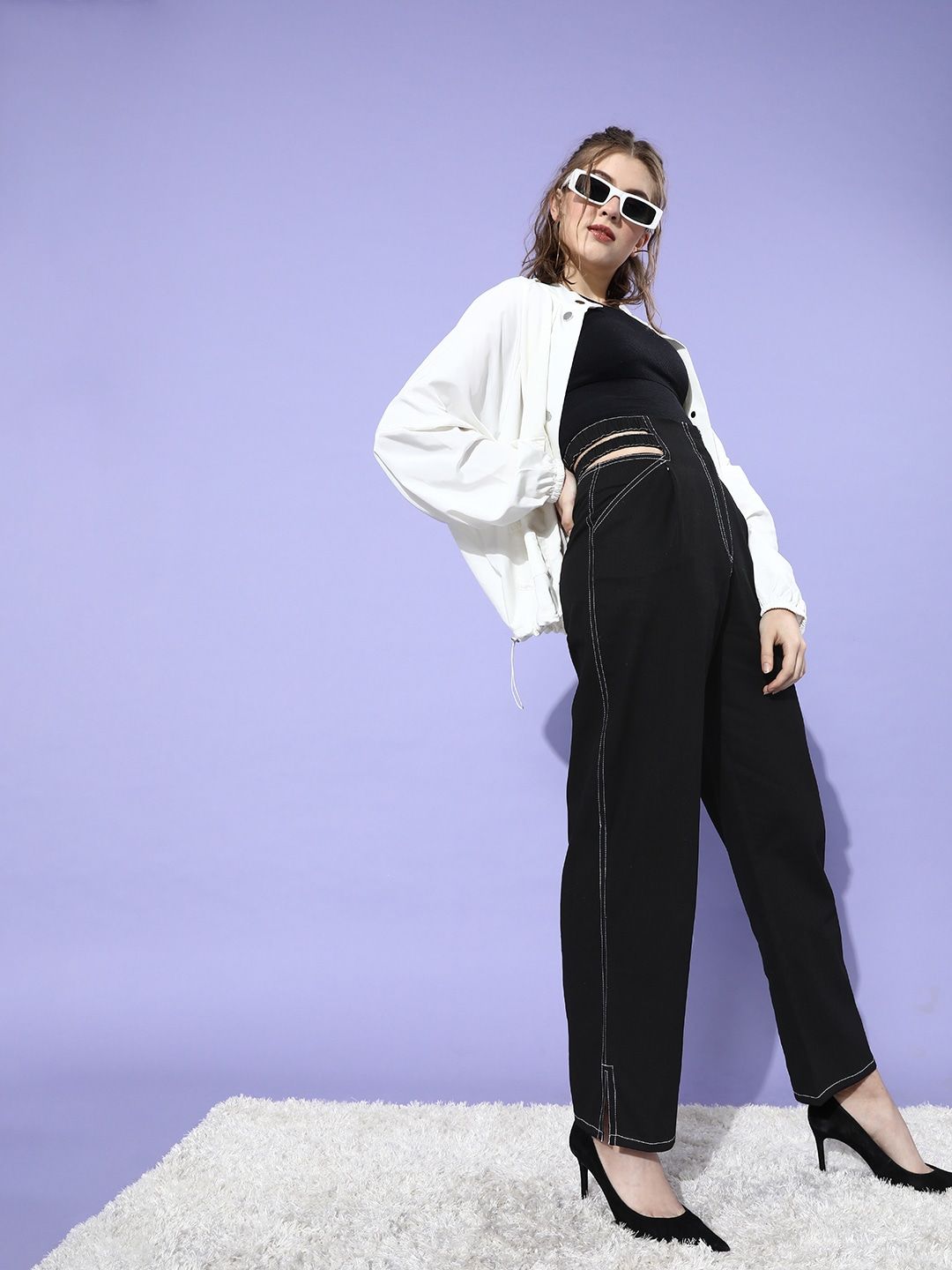 STREET 9 Women Stylish Black Solid High-Rise Trousers