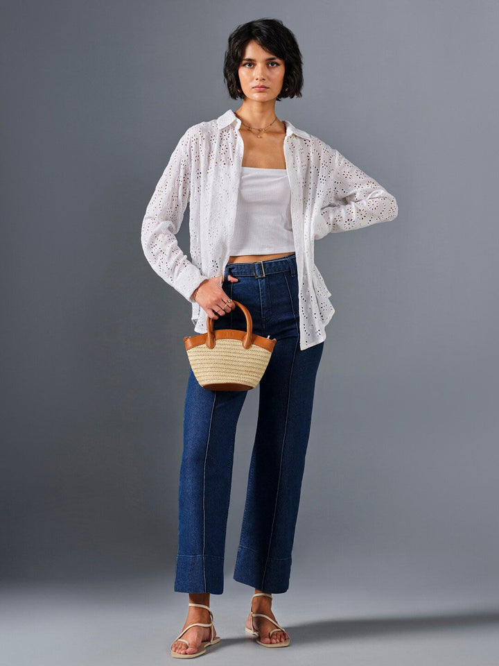 AND Shirt Collar Long Cuffed Sleeves Self design Longline Top