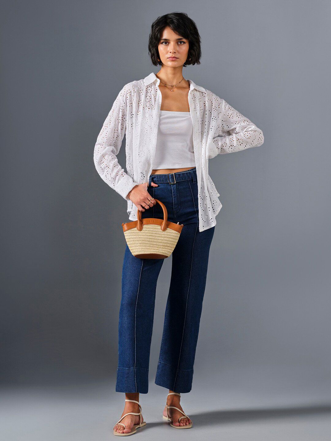AND Shirt Collar Long Cuffed Sleeves Self design Longline Top