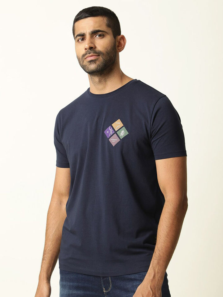 RARE RABBIT Men Badget Printed Slim Fit Cotton T-Shirt