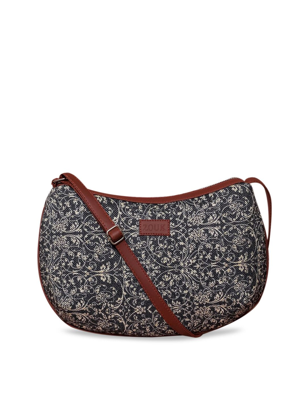ZOUK Navy Blue & Beige Floral Printed Sling Bag
