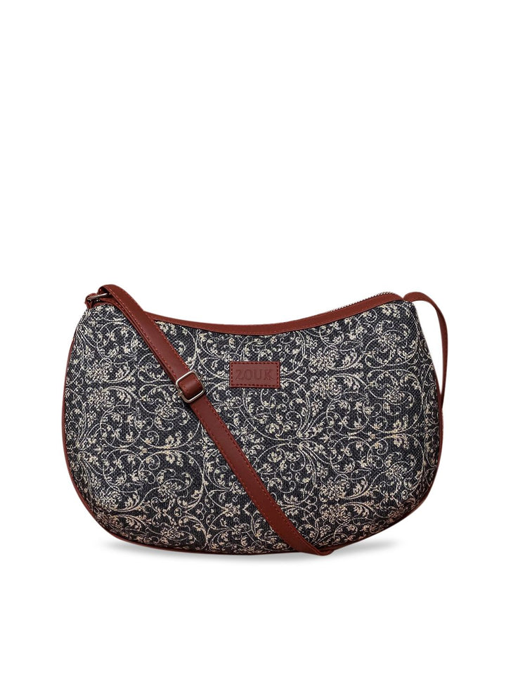 ZOUK Navy Blue & Beige Floral Printed Sling Bag