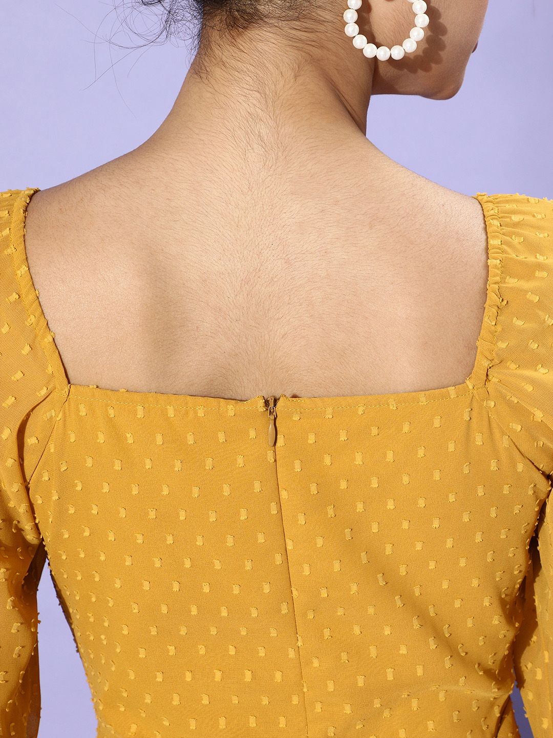 Berrylush Women Stylish Mustard Self-Design Puff Sleeves Dress