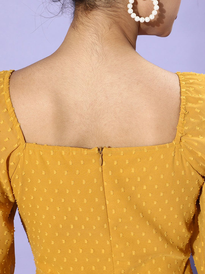 Berrylush Women Stylish Mustard Self-Design Puff Sleeves Dress