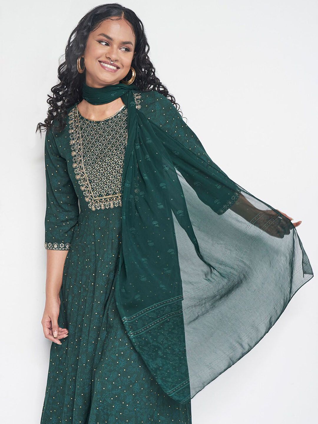 Global Desi Embroidered Kurta with Palazzos & With Dupatta