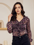 Berrylush Black Animal Printed V-Neck Puff Sleeves Ruffles Top