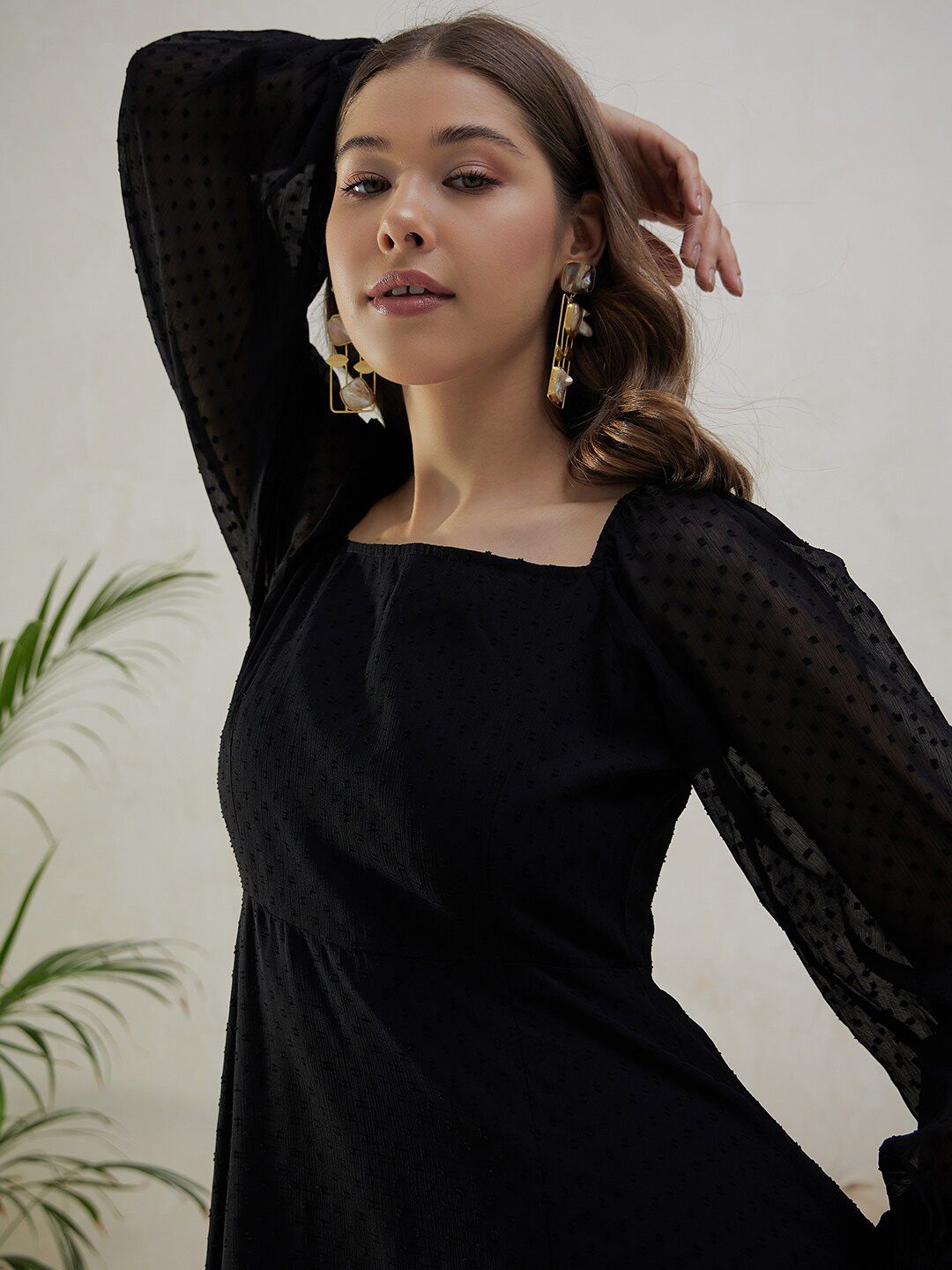 Berrylush Black Self Design Square Neck Puff Sleeves High Slit Maxi Dress