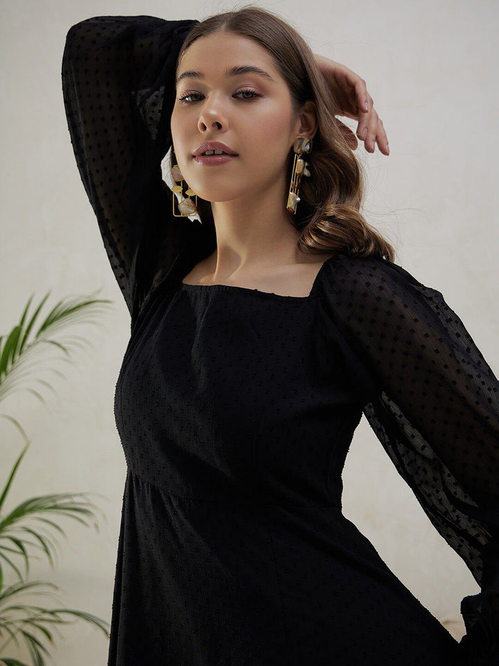 Berrylush Black Self Design Square Neck Puff Sleeves High Slit Maxi Dress