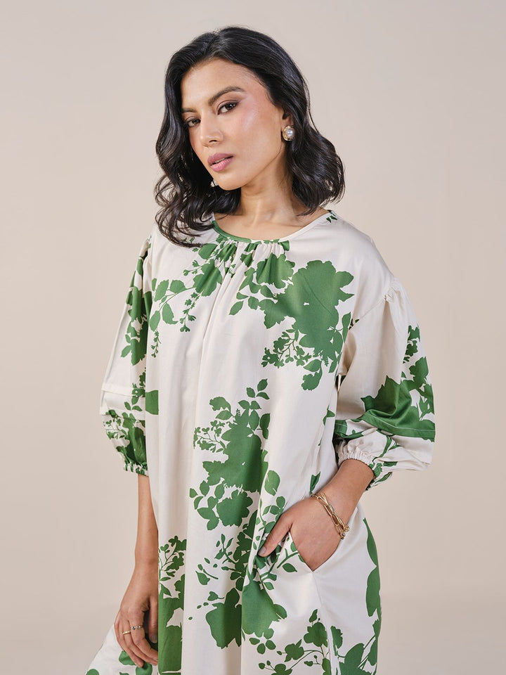 AND Floral Print Tie-Up Neck Puff Sleeve A-Line Dress