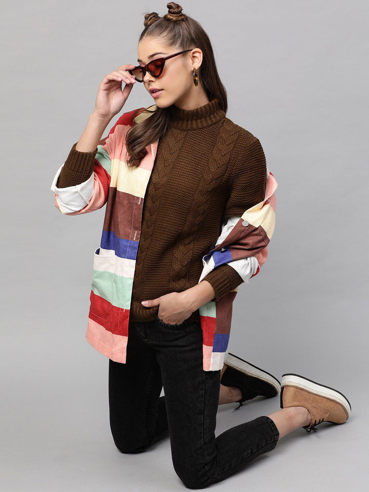 STREET 9 Women Coffee Brown Self Design Pullover Sweater