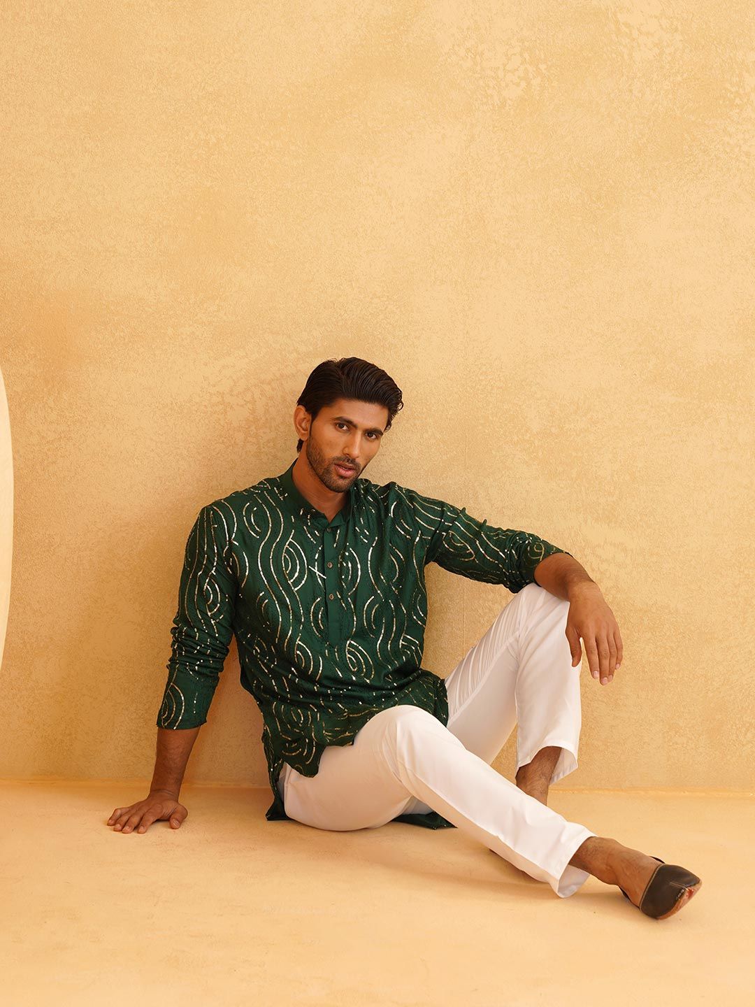 SOJANYA Mandarin Collar Sequined Pure Cotton Kurta
