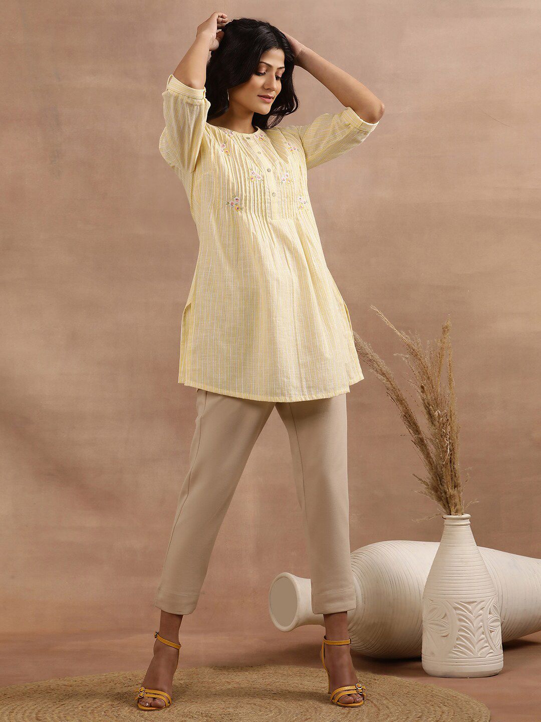 W Floral Embroidered Roll Up Sleeves Pure Cotton Tunic
