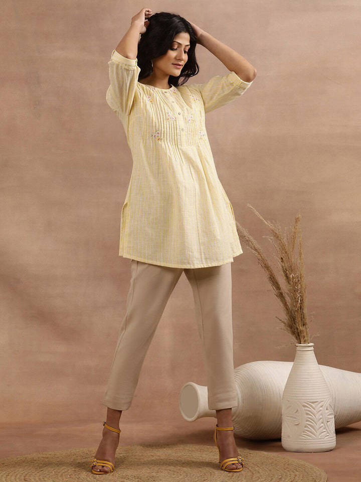 W Floral Embroidered Roll Up Sleeves Pure Cotton Tunic