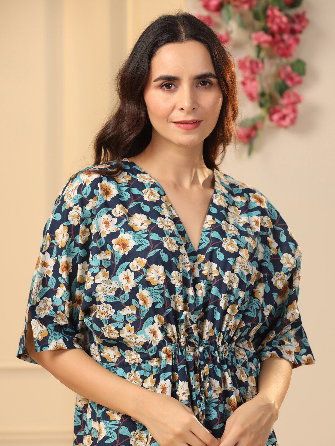 SANSKRUTIHOMES Navy Blue Floral Printed Pure Cotton Maxi Nightdress