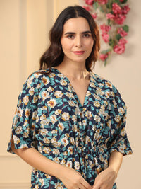 SANSKRUTIHOMES Navy Blue Floral Printed Pure Cotton Maxi Nightdress