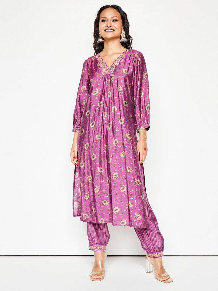 Global Desi Floral Printed V-Neck Thread Work Kurta With Salwar
