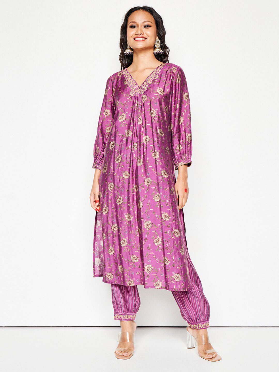 Global Desi Floral Printed V-Neck Thread Work Kurta With Salwar