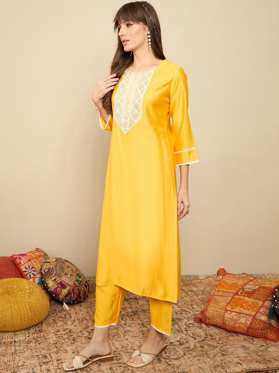 Indo Era Floral Embroidered Sequinned Liva Straight Kurta With Trousers