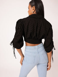 DressBerry Edgy Chic With Schiffli Puff Sleeve Shirt Style Crop Top