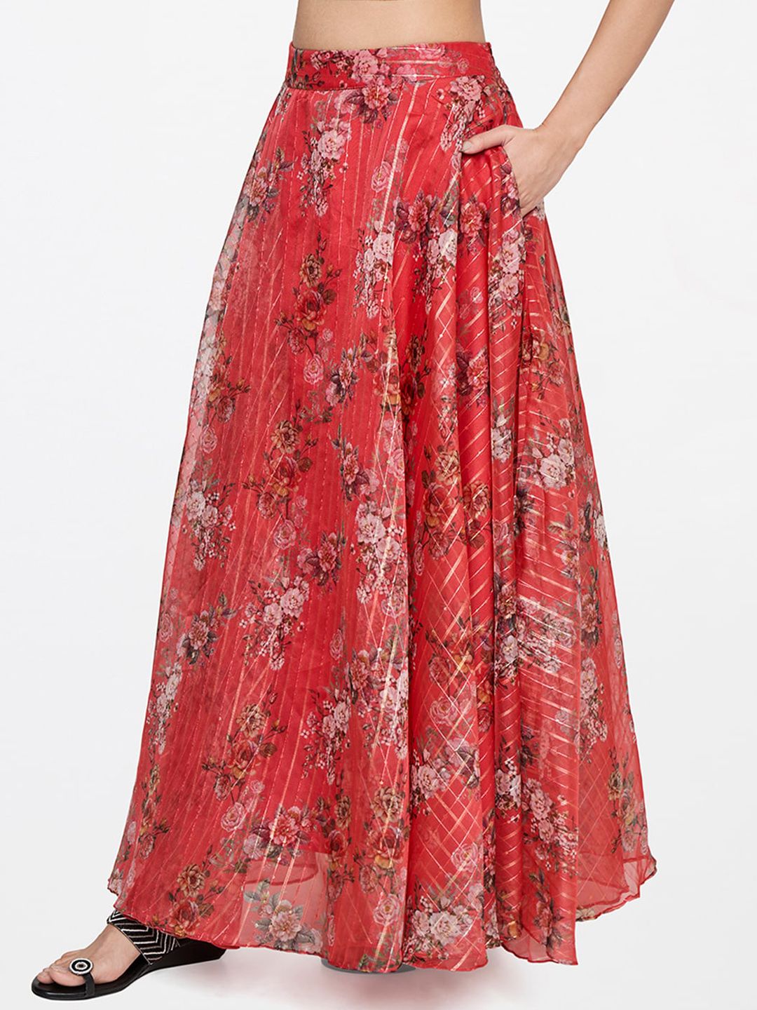 Global Desi Women Pink Floral Flared Maxi Skirts