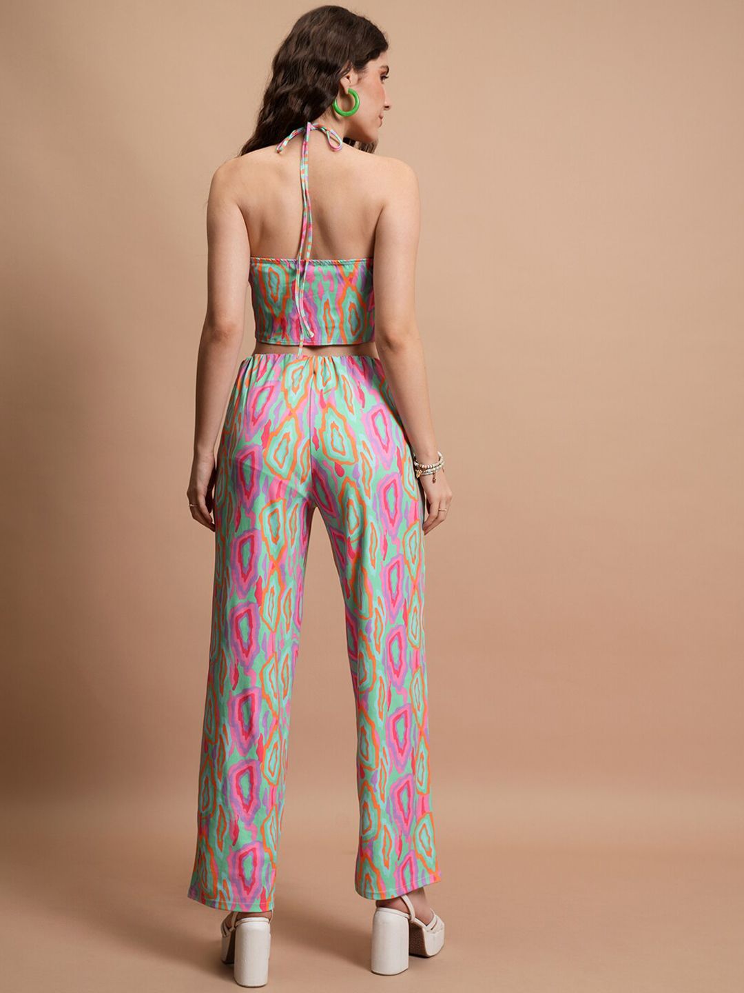 Tokyo Talkies Abstract Printed Ruched Halter Top & Wide Leg Trousers