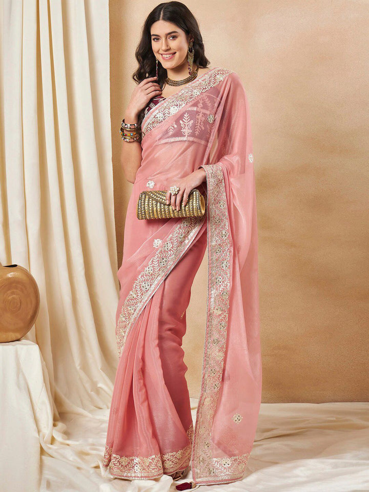 Saree mall Peach Ethnic Motifs Embellished Gotta Patti Organza Saree
