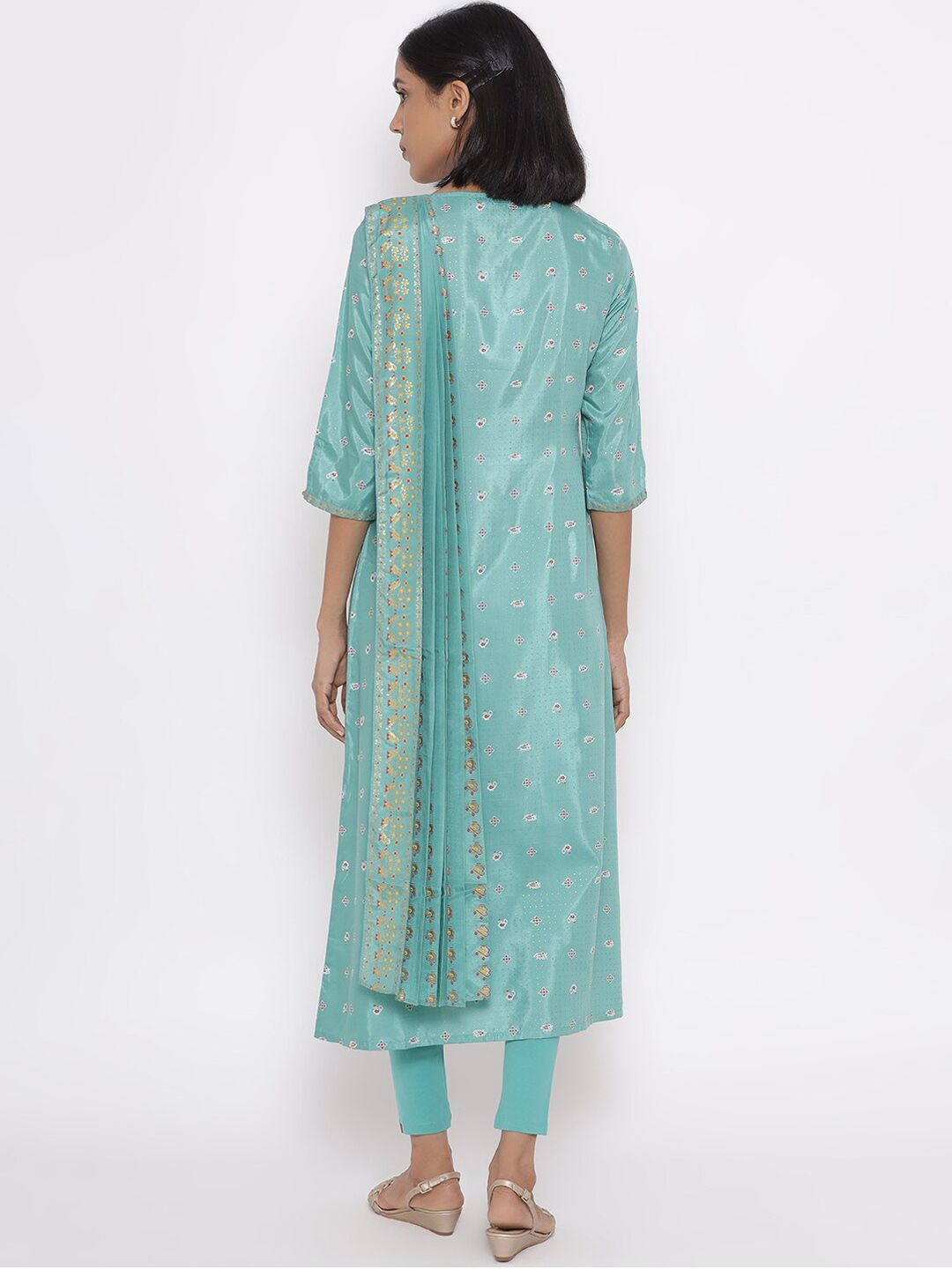 W Festive Floral Print Shantung Kurta With Leggings
